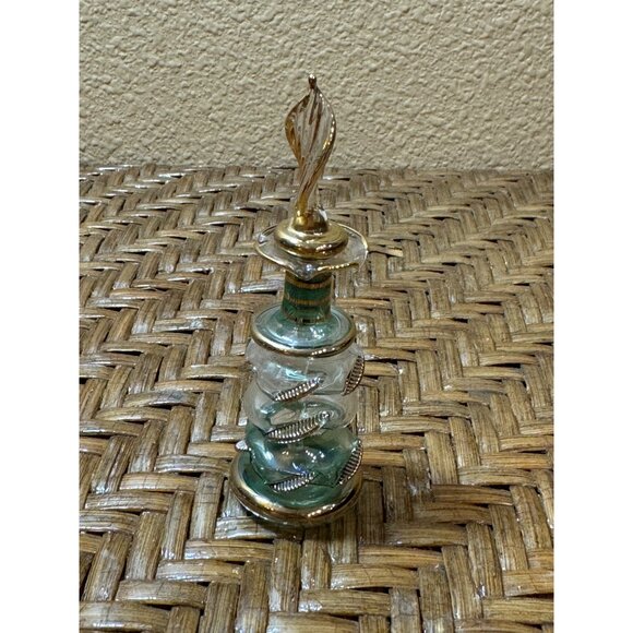 Vintage Egyptian Green Glass Perfume Bottle With Gold Accents & Stopper - Picture 1 of 7